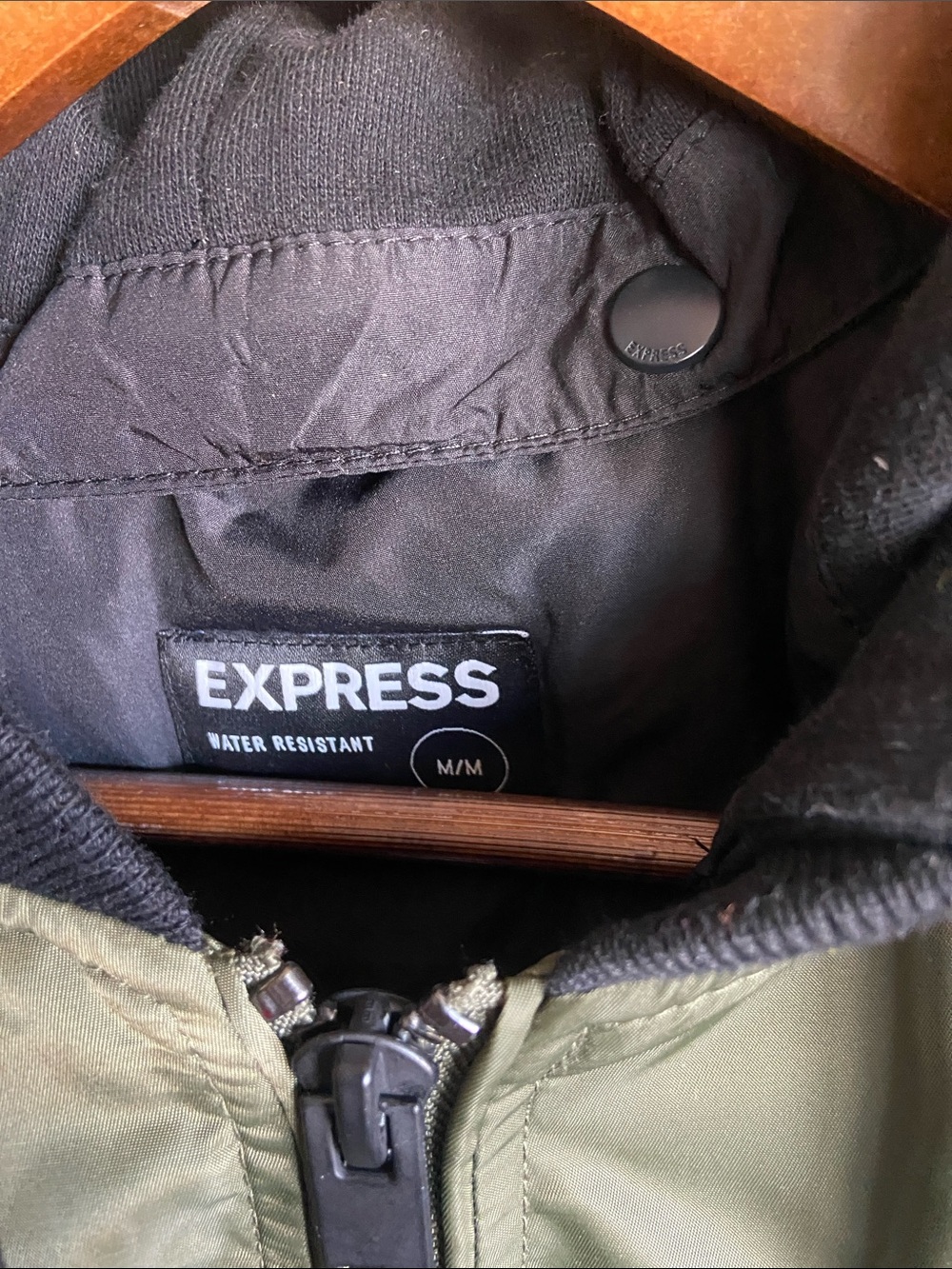 Express Olive Green Bomber Jacket with Black Hood - Picture 3 of 6